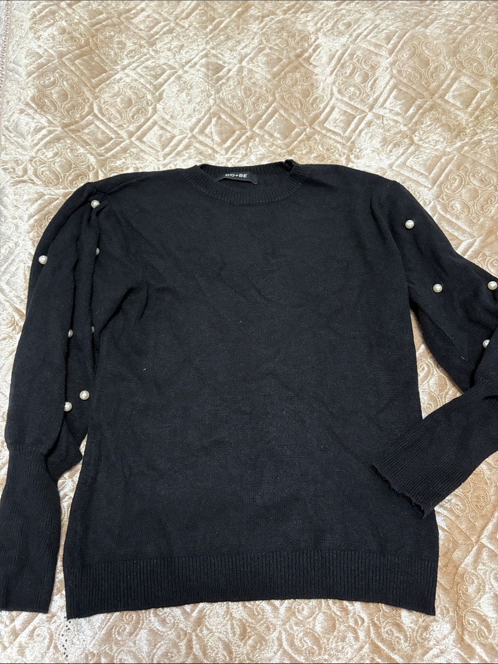 DO+BE Black Crewneck Sweater with Pearl Sleeve Detail